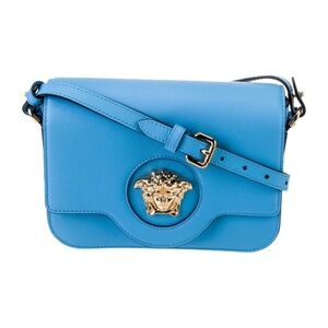 Versace La Medusa Sky Blue Shoulder Bag with Gold Medusa
